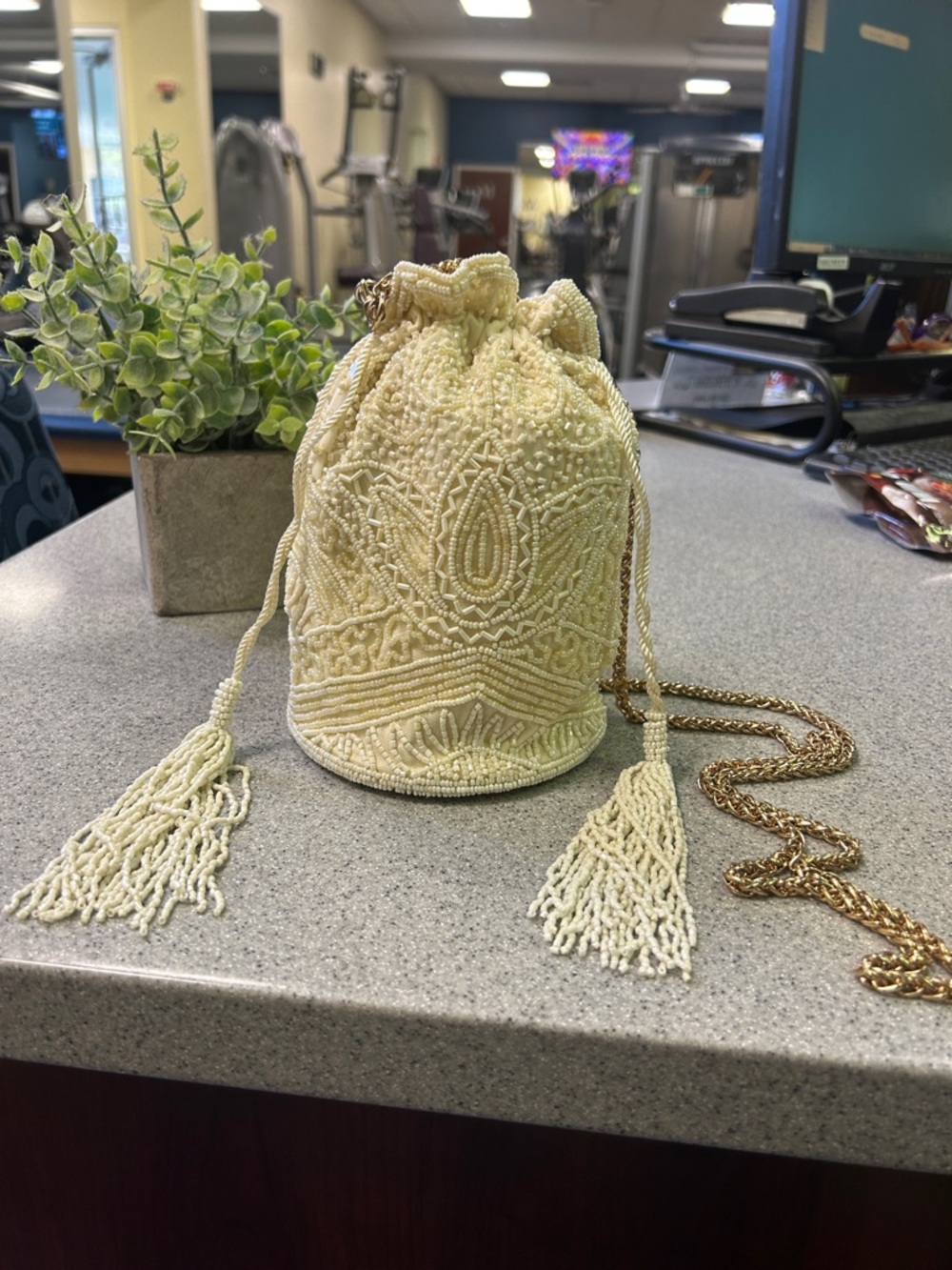 RARE! Embroidered Ivory Beaded Drawstring Bucket Bag